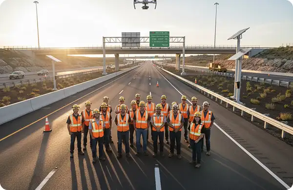 Workers on Road in High Visibility Clothing